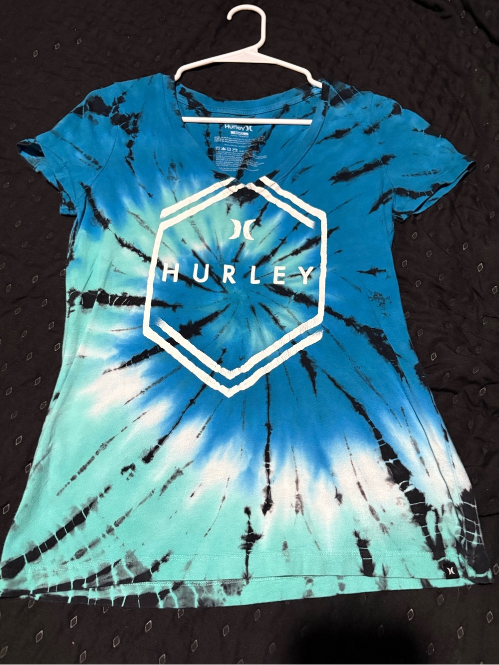 Hurley Teal and Black Tie-Dye Logo Tee